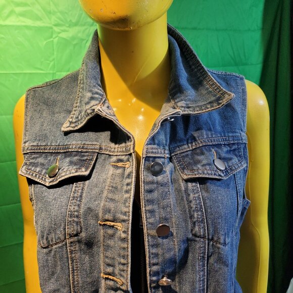Women Denim Jeans Jacket Coat sleeveless trench size M blue 90's - Picture 1 of 11